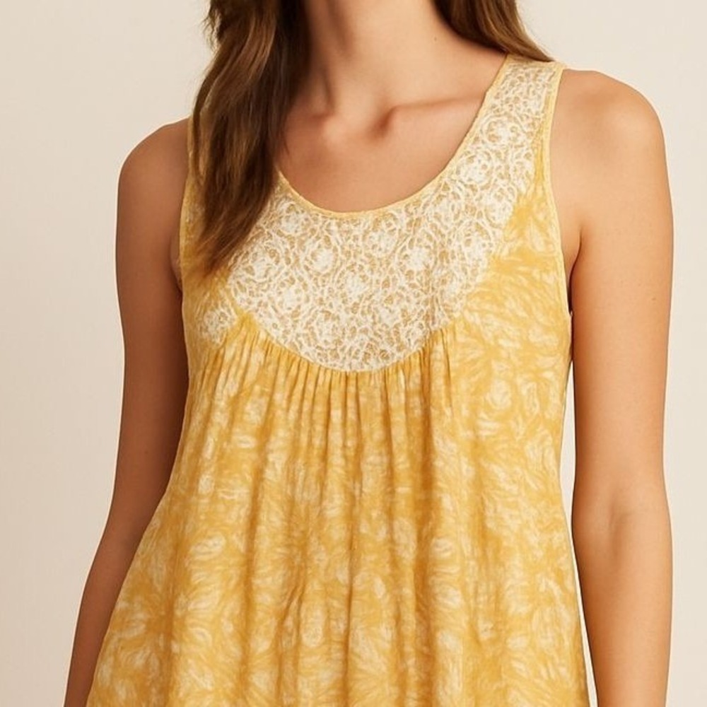 Lucky Brand Beaded Scoop Neck Tank Top Womens Small Yellow Ikat Print